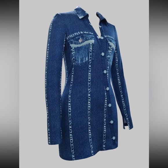 Form Fitting Bodycon Jean Look-a-Like Long Sleeve Polyester Print Dress - Picture 2 of 8